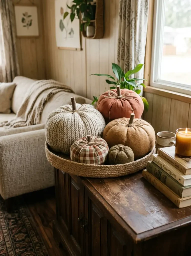 Handmade no-sew fabric pumpkins in different sizes using oatmeal, rust, camel, plaid, and olive textiles.