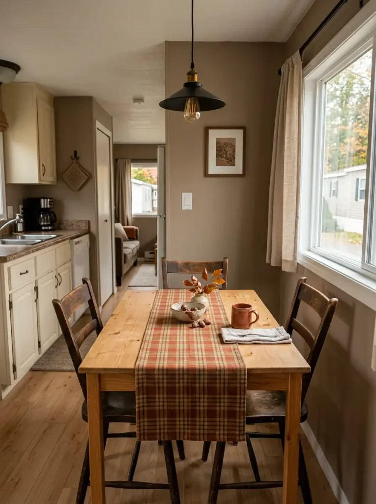 Small mobile home dining table styled with a narrow rust-toned no-sew fabric runner and simple fall accents.