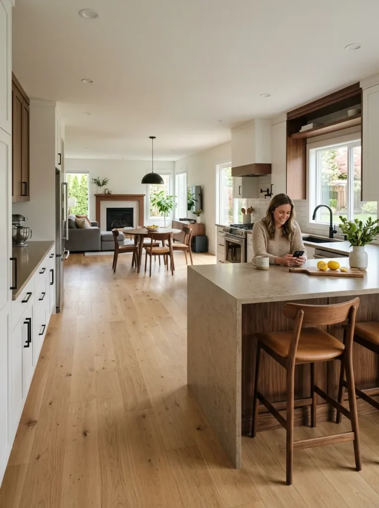 Offset kitchen island in a double-wide open concept with a clear fast traffic lane on one side and seating on the quieter side.