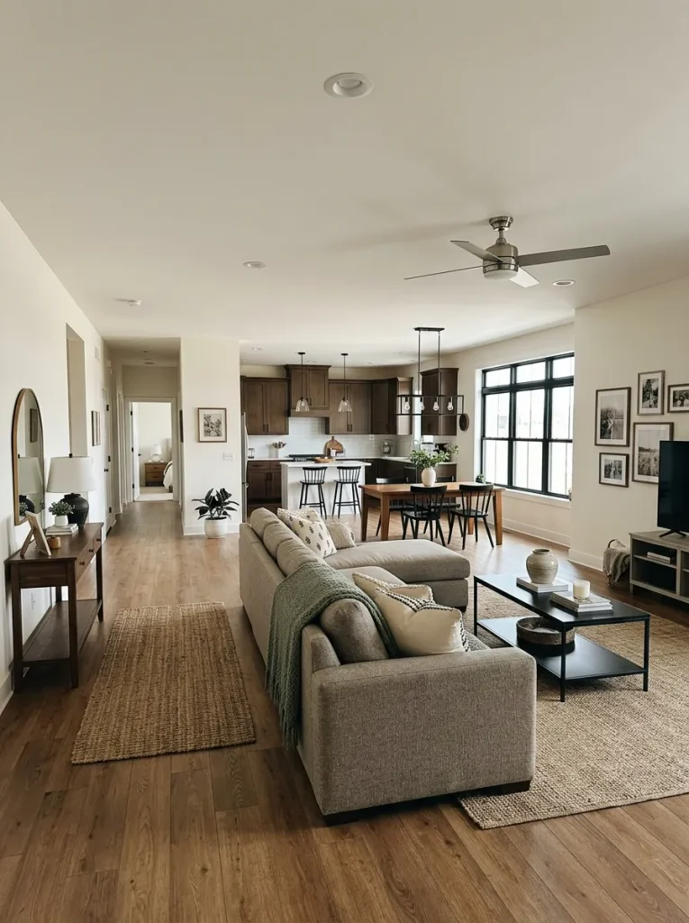 Sectional with its chaise placed away from the main approach so the entrance into the double-wide living area stays clear.