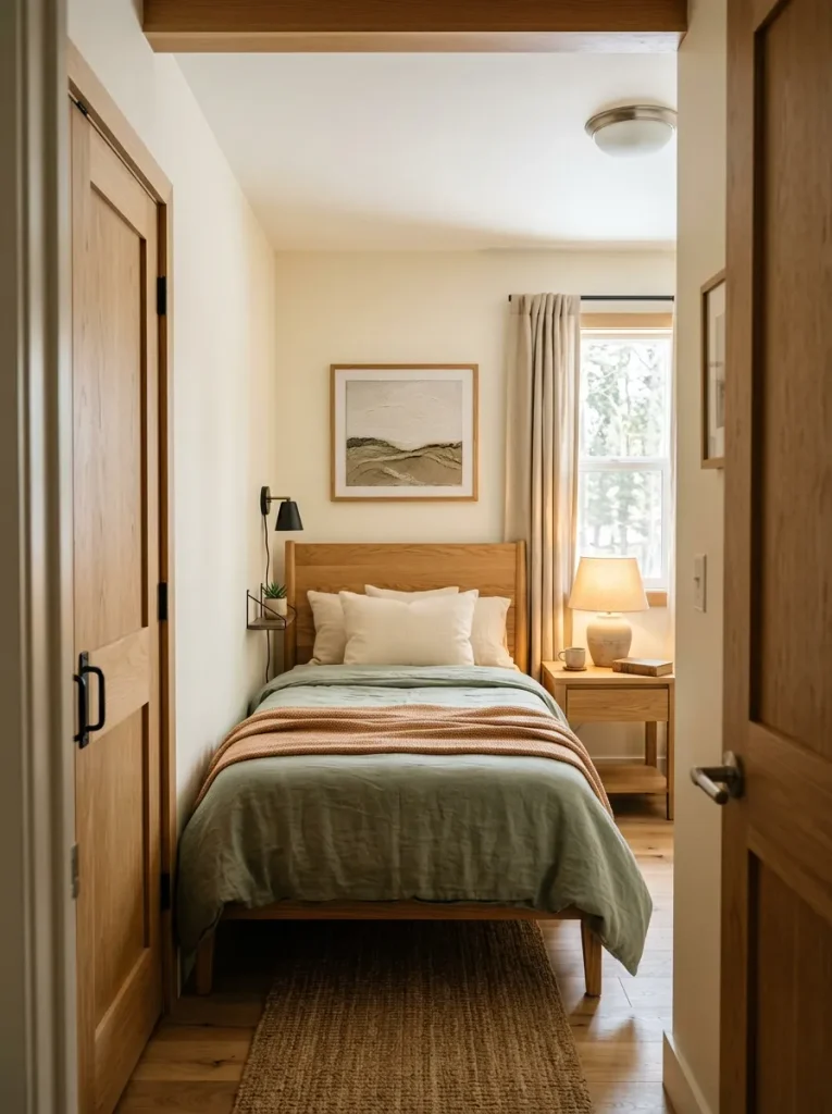 Off-center bed in a narrow single-wide bedroom with different bedside solutions on each side.