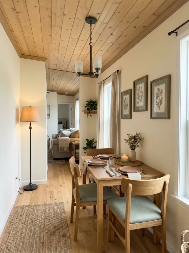 Single-wide dining table positioned for better circulation despite an off-center ceiling light.