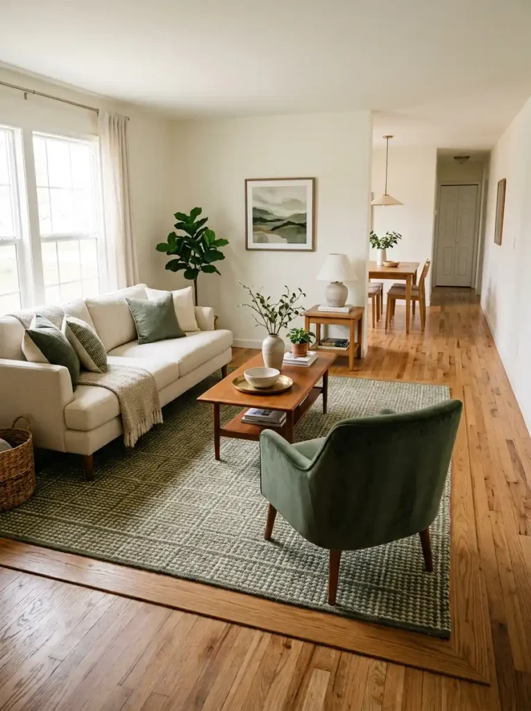 Single large rug connecting the main seating pieces while leaving visible floor around the living zone.