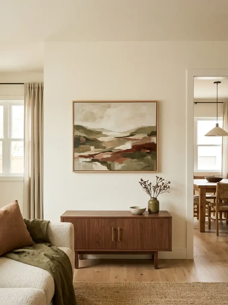 One large artwork anchoring a single-wide living wall with generous empty space around it.