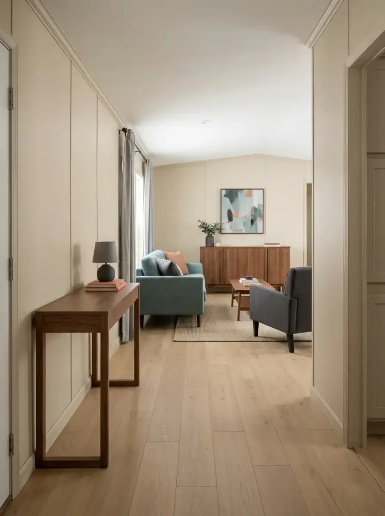 Single wide mobile home with an open-leg console beside a passage and a solid-base credenza positioned at a dead-end wall.