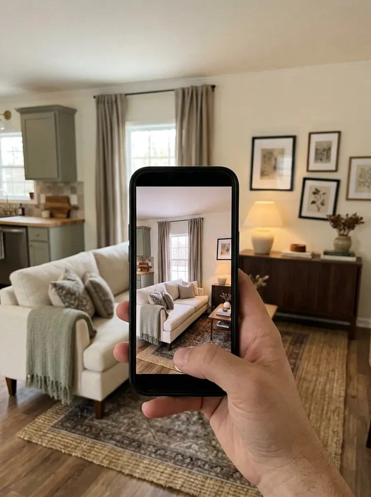 Smartphone photographing a polished single-wide living room with one small remaining detail visible in the frame.