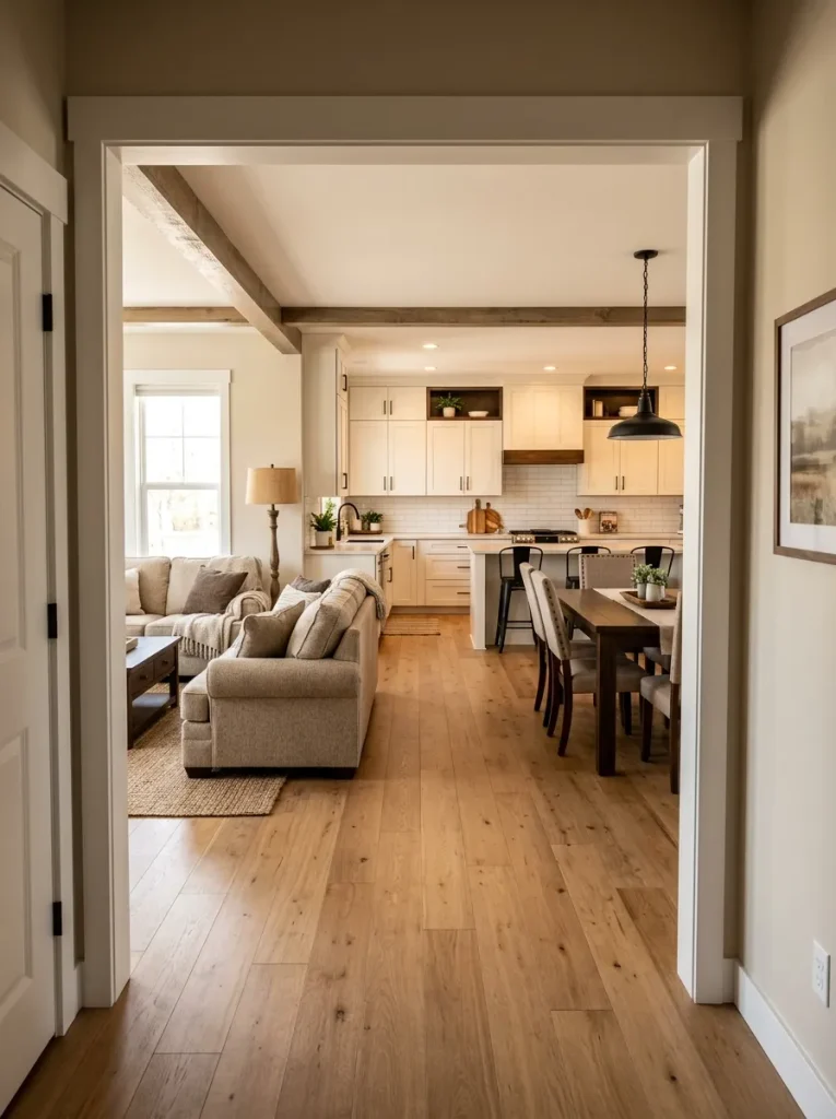 Clear hall-to-kitchen shortcut through a double-wide open concept with the main seating cluster positioned outside the route.