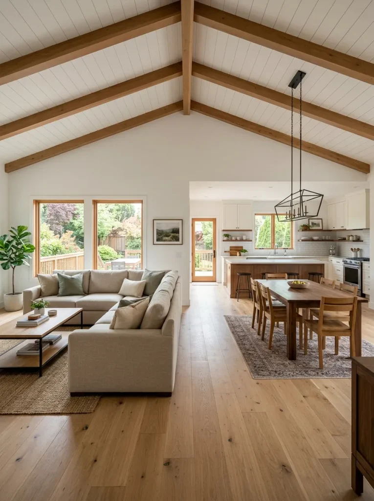 Double-wide open concept with living and dining areas arranged side by side across the home's width and connected to the kitchen.