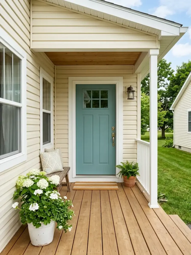 Mobile home porch with muted turquoise front door, cream siding, natural wood decking, green plants, and subtle summer accents.