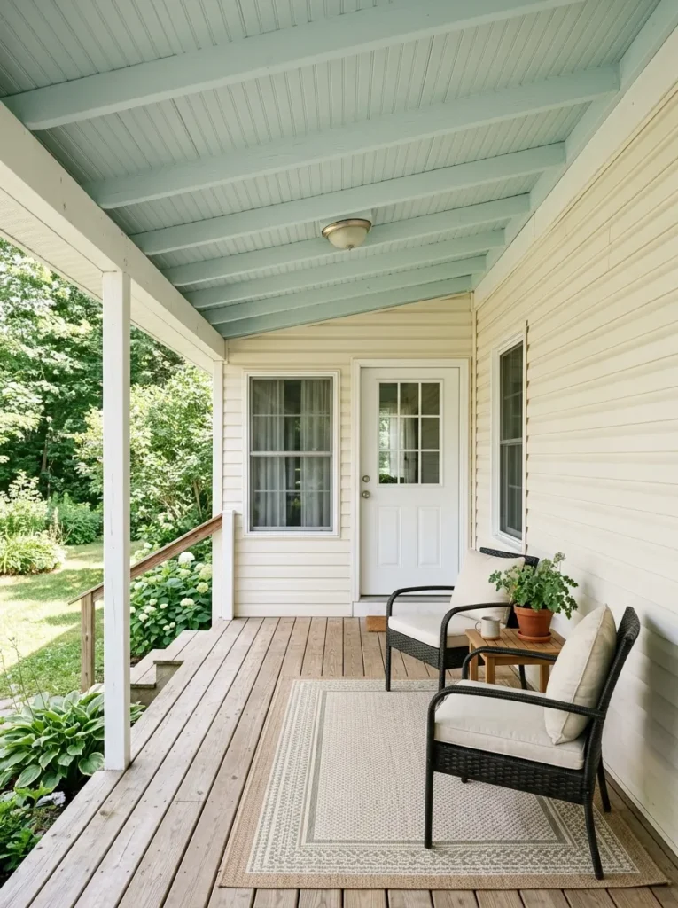 Covered mobile home porch with pale blue-green painted ceiling, natural wood floor, woven chairs, and cream exterior siding.