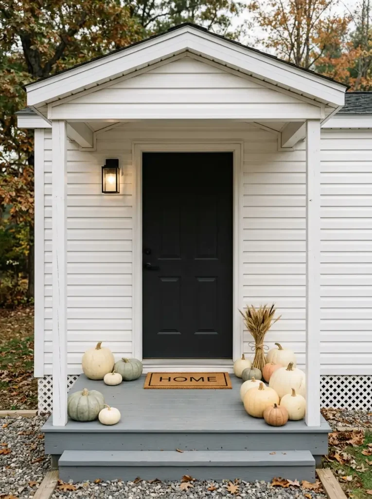 Dark mobile home front door styled with cream, ivory, pale sage, and one muted orange pumpkin.
