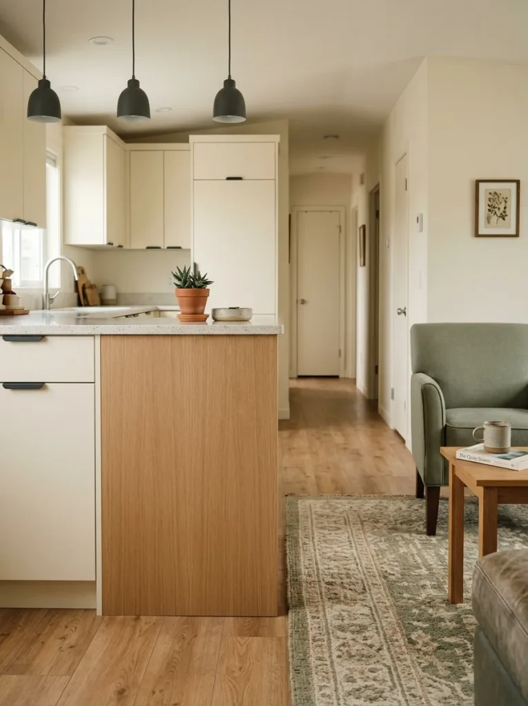 Living-facing end of a single-wide kitchen peninsula finished with a simple warm wood panel treatment.