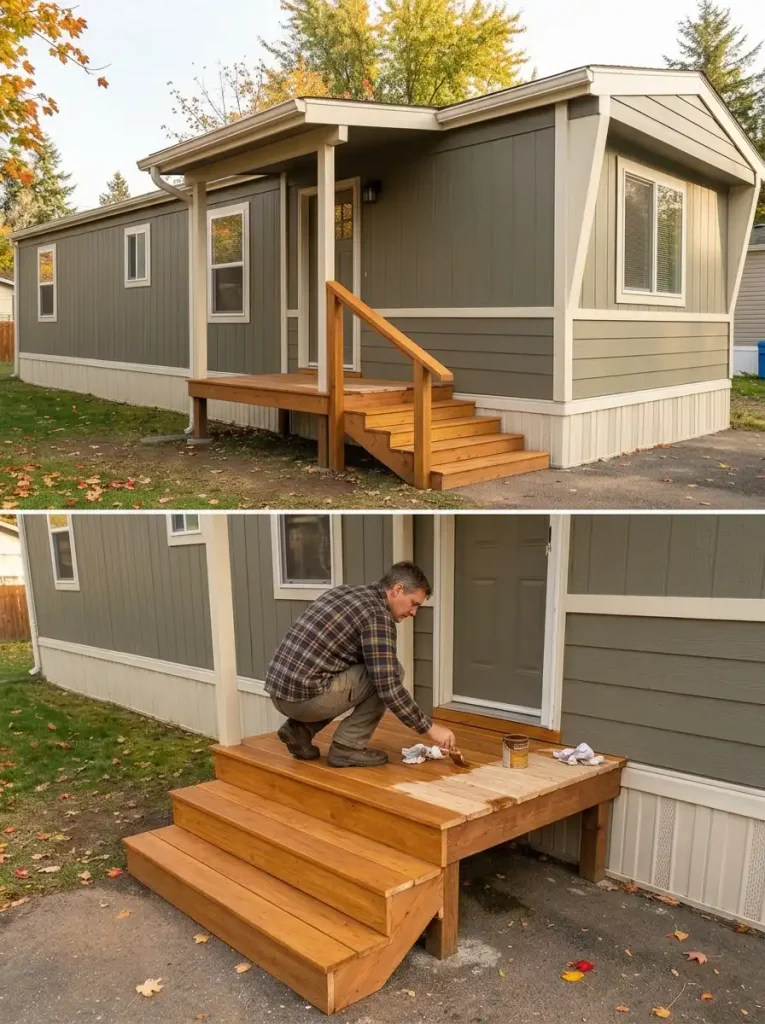 Mobile home porch and steps being repaired with natural wood against a renovated olive gray exterior.