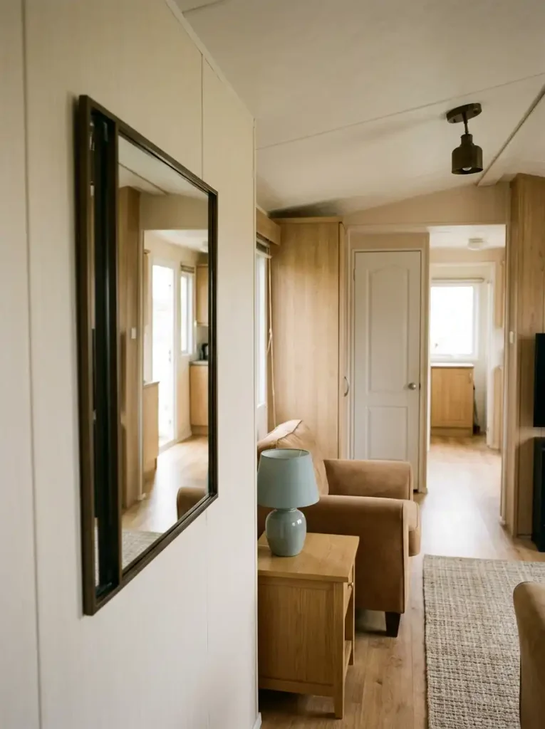 Mirror in a single wide mobile home positioned to reflect a bright doorway, open floor, and natural light.