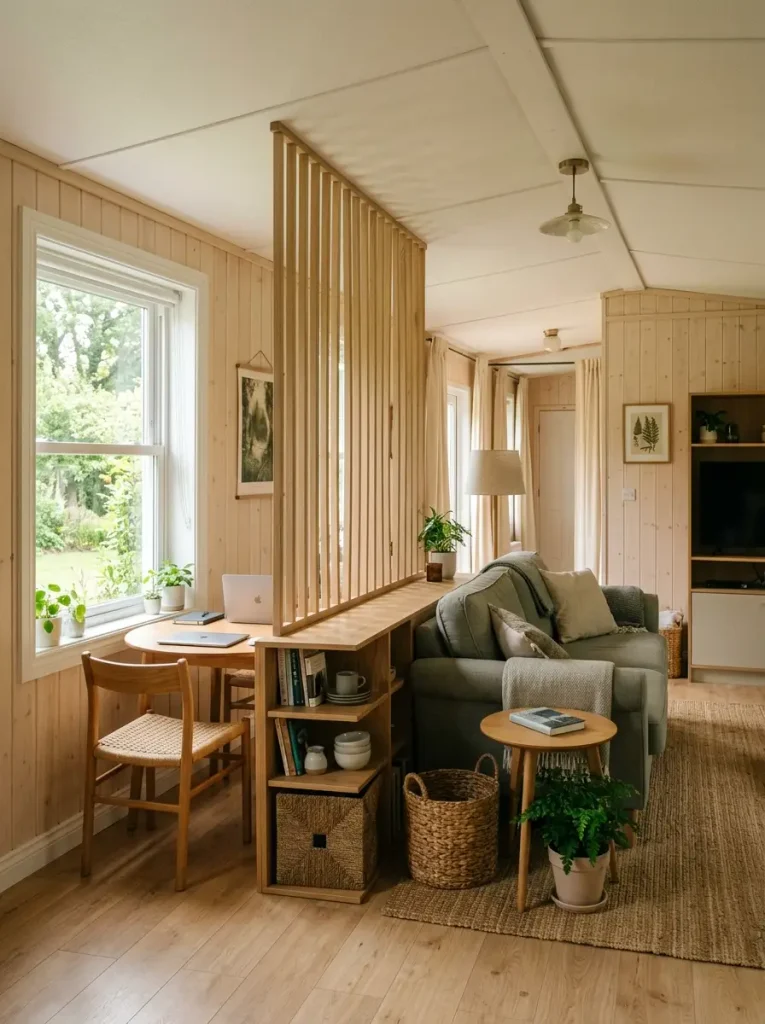Partial open divider defining a zone while allowing window light to continue through a single wide interior.