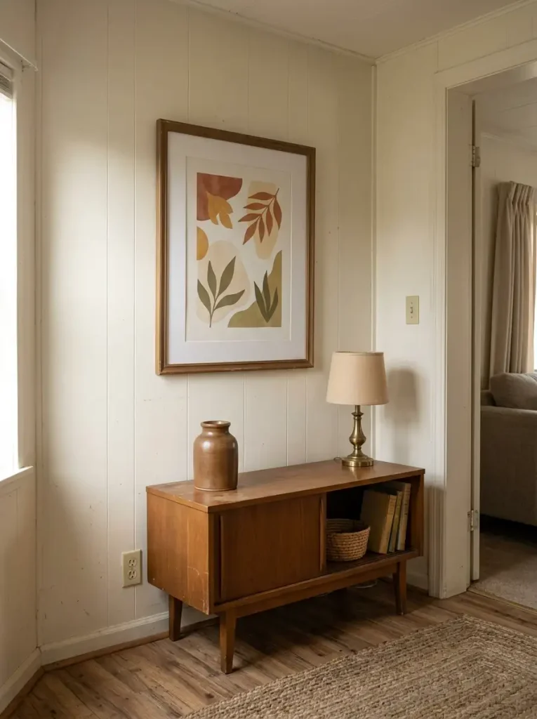 Framed autumn botanical artwork above a simple console in a warm neutral mobile home interior.