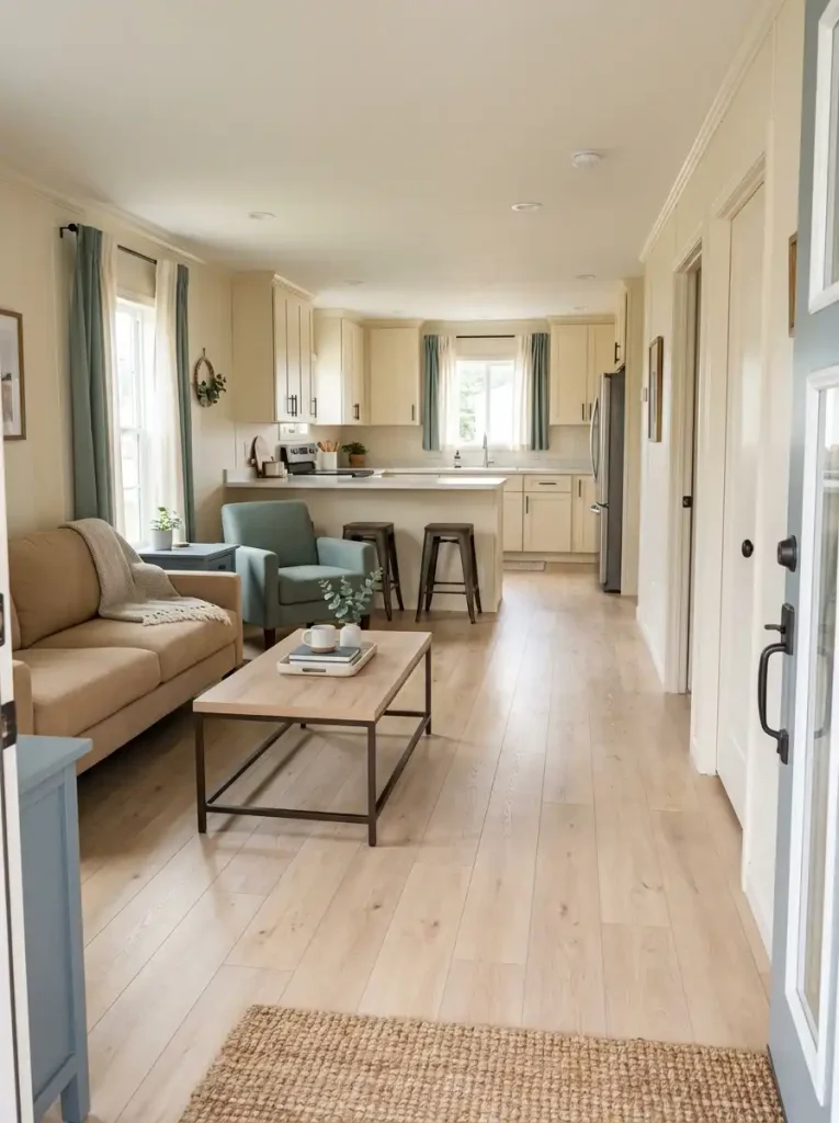 Single wide mobile home interior with an open traffic lane running past the living room toward the kitchen and hallway.