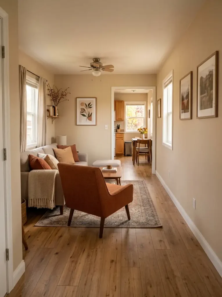 Narrow mobile home living room with angled accent chair, beige sofa, coffee table, and a clear walkway leading toward the kitchen.
