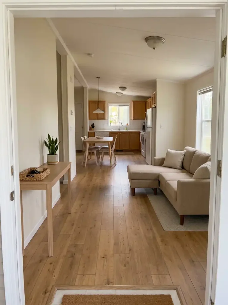 Clear sightline from a single-wide entrance through the living area toward connected rooms.