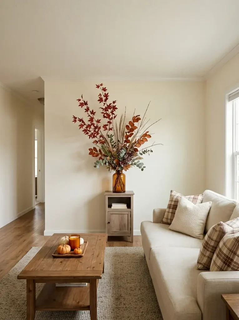 Single wide living room with a tall narrow vase of rust autumn branches rising above a console beside neutral low-profile furniture.
