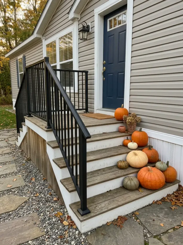 Orange, cream, and muted green pumpkins arranged along one side of mobile home porch steps beside an open walkway.