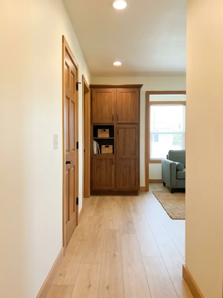 Tall storage cabinet placed on a dead-end wall in a single wide mobile home while the nearby passage remains clear.