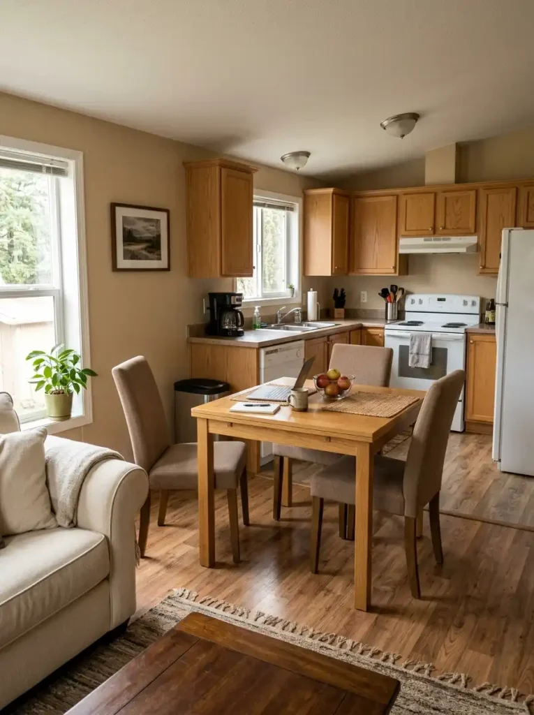 Compact dining table positioned between the living room and kitchen to connect both areas in a single wide open plan.