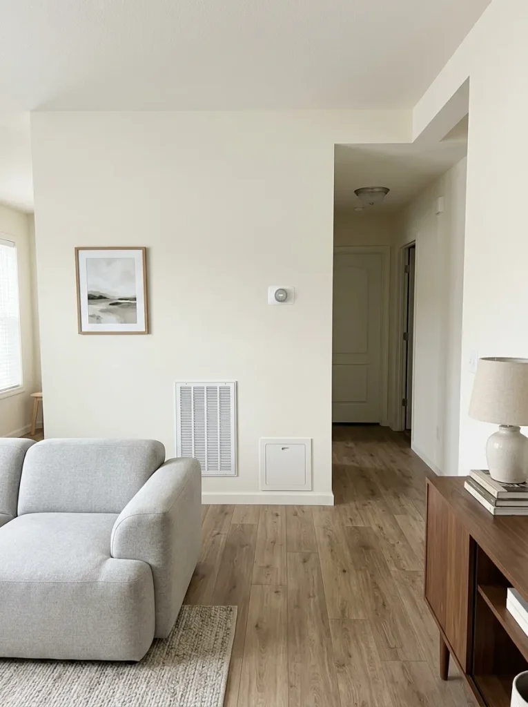 Modern double wide living and hallway area with an accessible thermostat, vent, and service panel kept visually quiet within the wall composition.