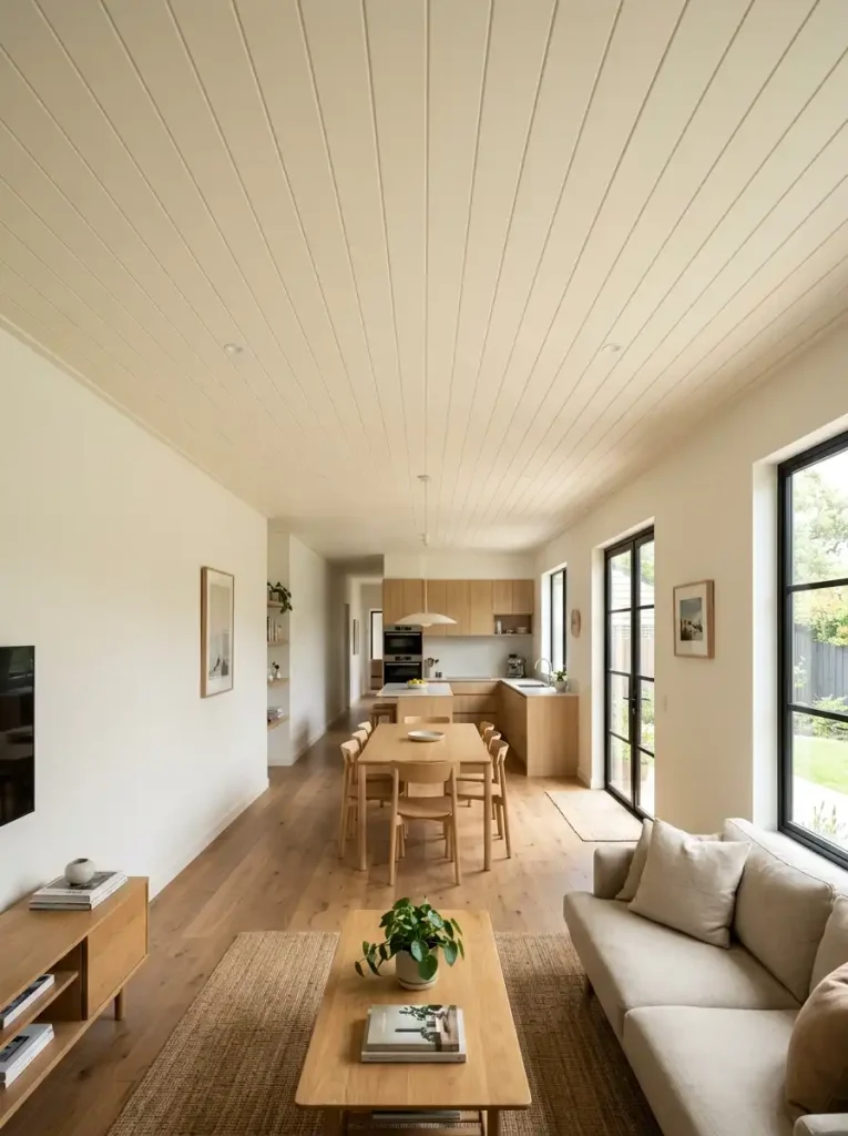 Long single-wide interior with a light, visually continuous ceiling spanning connected rooms.