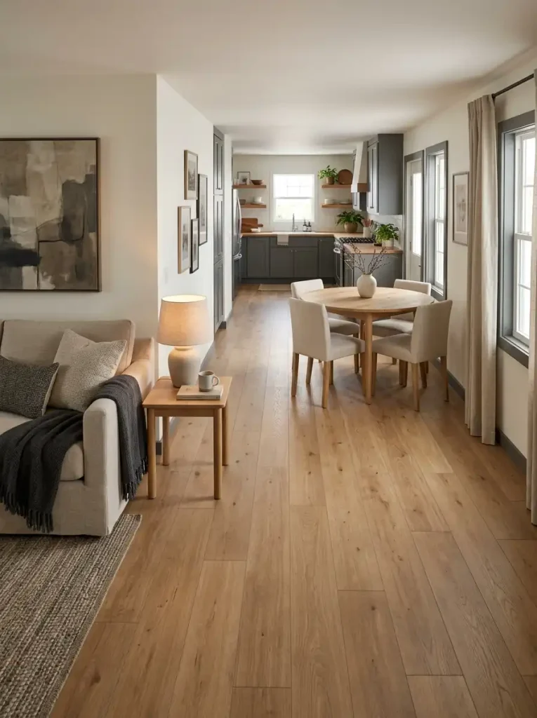 Modern single wide interior with calm medium-oak flooring and restrained grain variation across connected spaces.