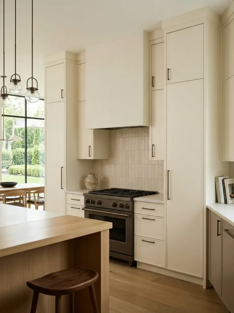 Modern double wide kitchen with a calm island and one visually dominant range-wall composition.