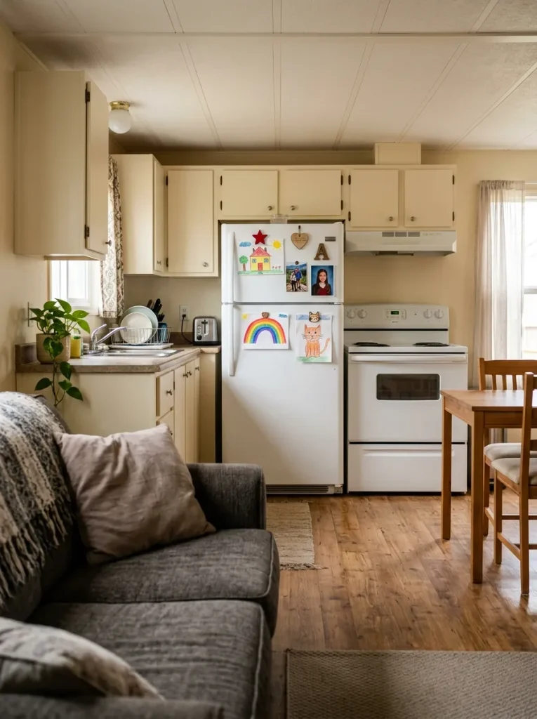 Refrigerator visible from a single-wide living room with a small, intentionally curated family-photo display.