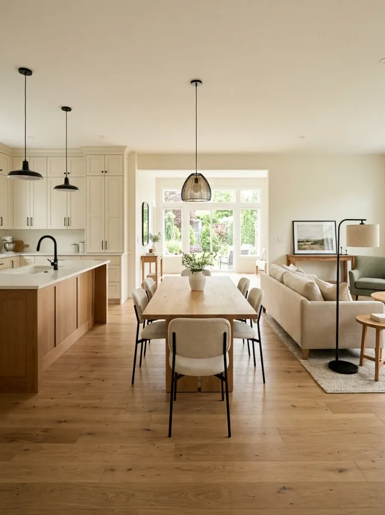 Small black-metal details repeat through the kitchen, dining, and living spaces of a light neutral double wide.