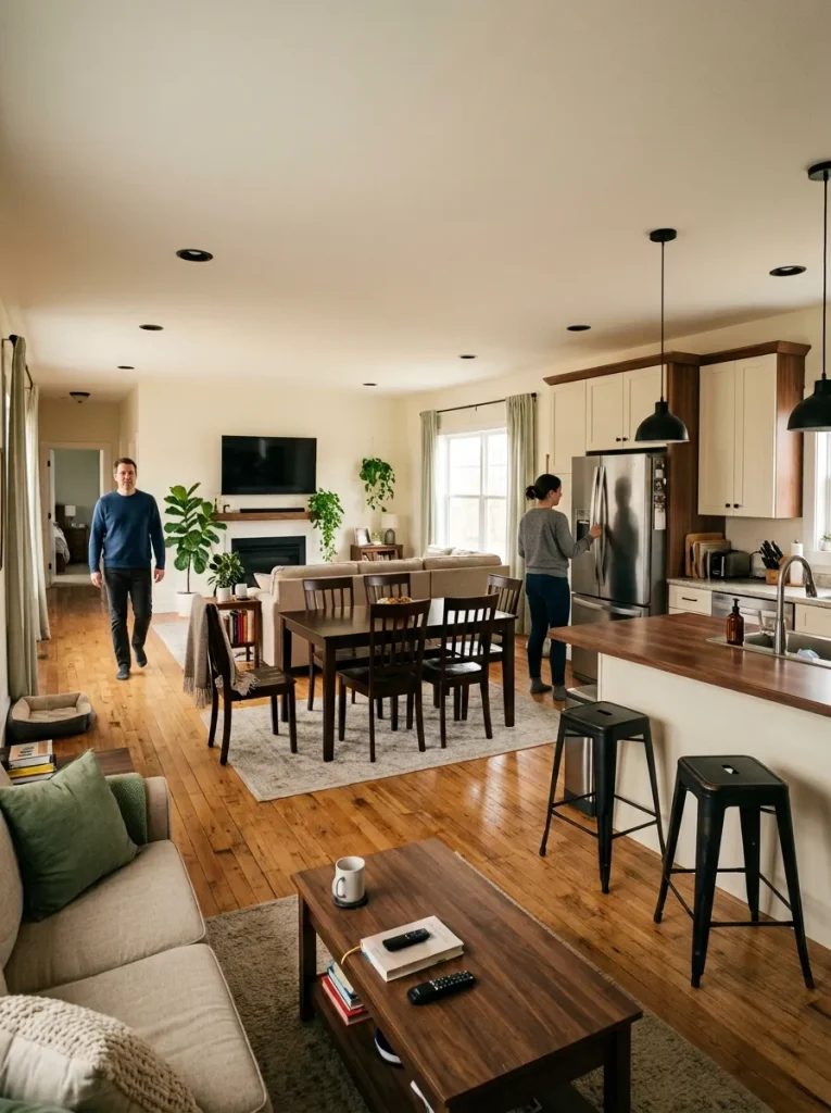 Two people testing circulation in a double-wide open concept while the refrigerator is open and dining and island seating occupy real floor space.