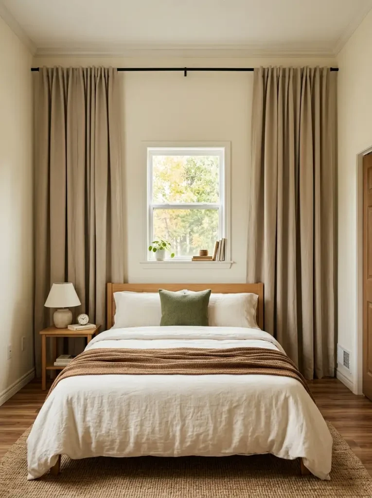 Fall mobile home bedroom with high-mounted floor-length curtains that make the room feel taller and brighter.