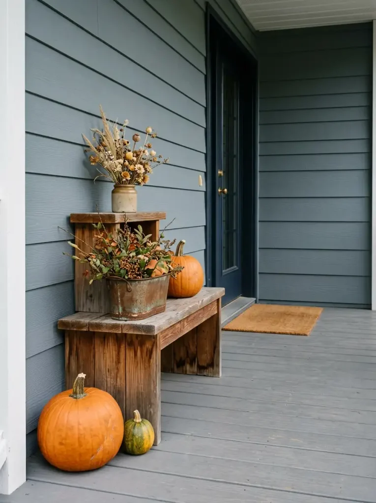 Raised fall porch display with cedar riser, planter, pumpkins, and autumn foliage beside a mobile home entrance.