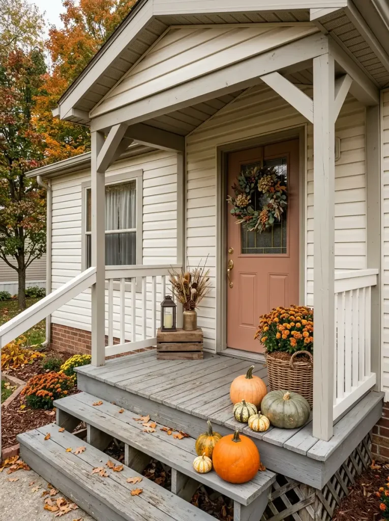 Fall mobile home porch mixing fresh mums and real pumpkins with reusable wreath foliage and dried seasonal stems.