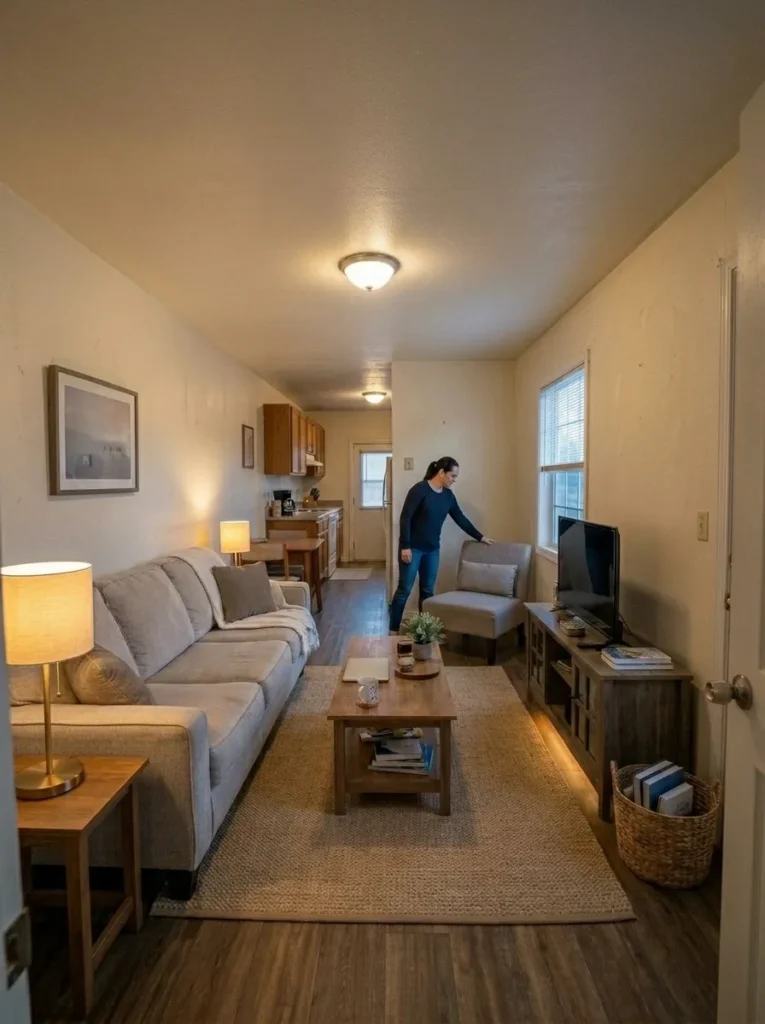 A connected seating arrangement helps the sofa, chair, rug, and coffee table feel like one cozy zone without blocking circulation.