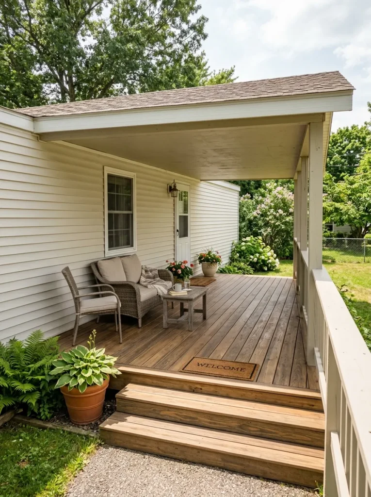 Mobile home porch with freshly refinished warm wood decking, compact outdoor seating, planters, and light exterior siding.