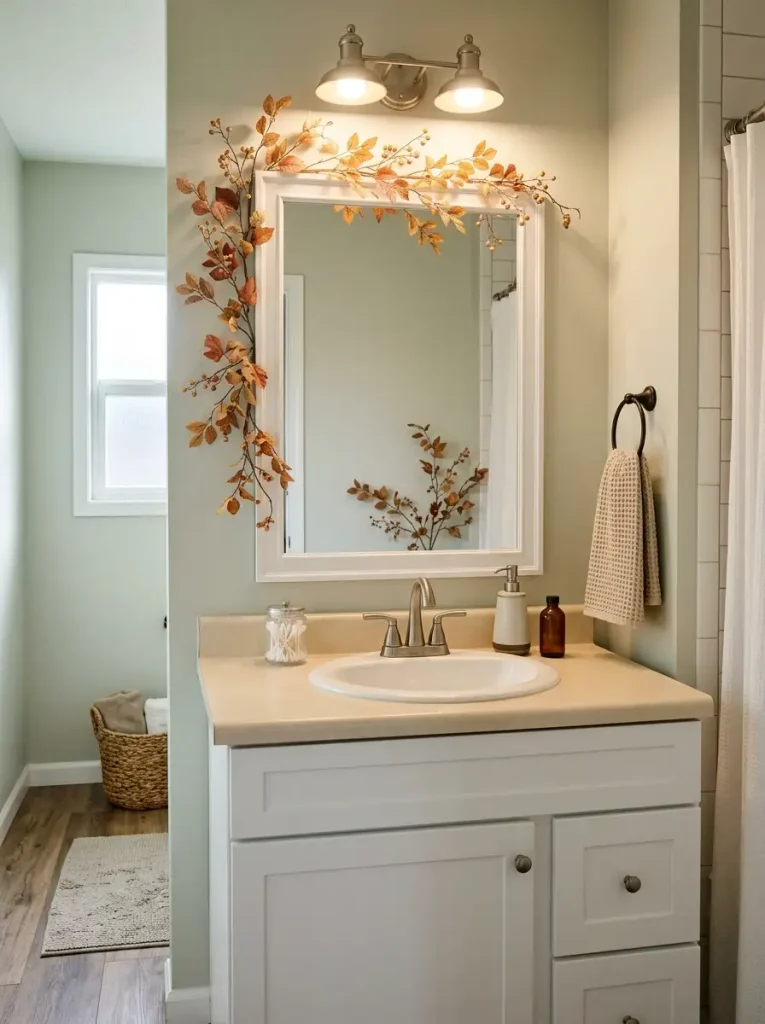 Mobile home bathroom mirror decorated with removable autumn foliage along the top corner and one side.