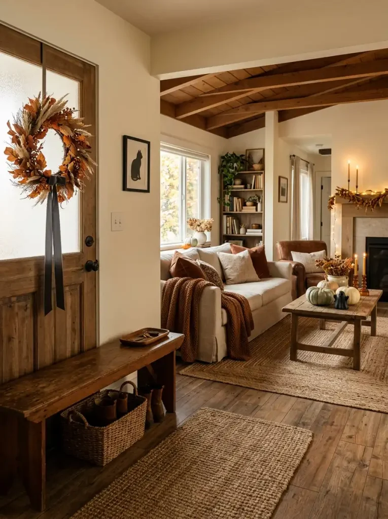 Mobile home living room with rust fall decor, muted pumpkins, amber glass, and subtle removable Halloween accents