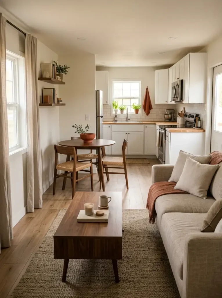 Open-plan mobile home with beige fall living room, dining area, and light kitchen connected by repeated muted rust accents.