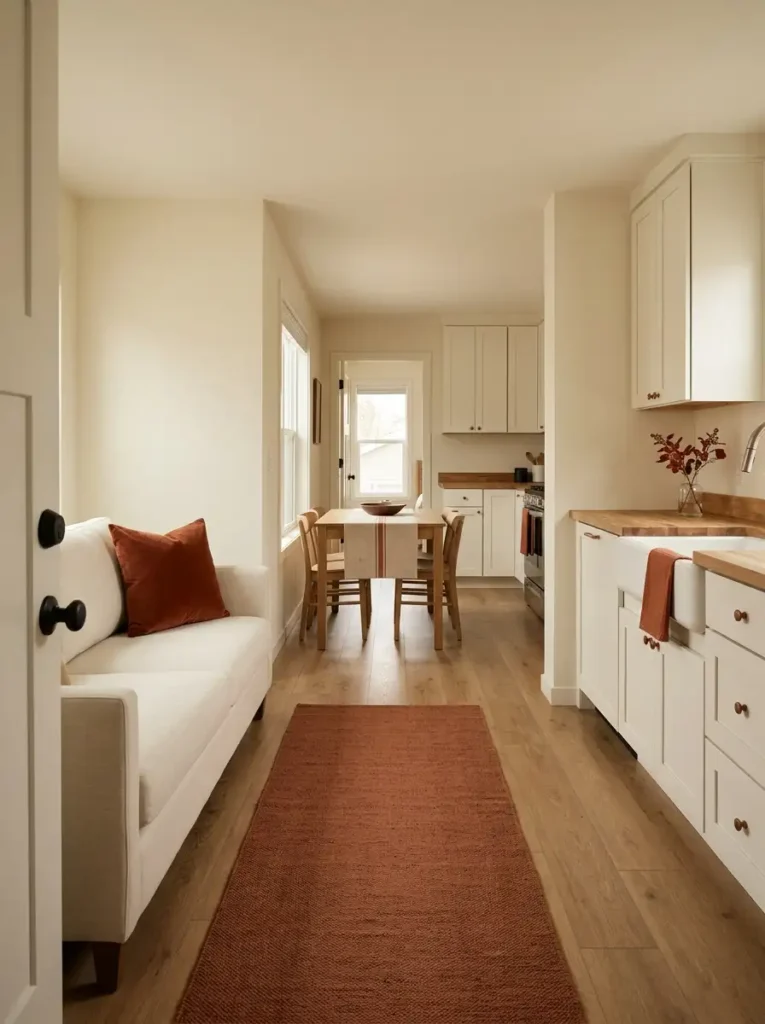 Connected single wide interior with rust color repeated through an entry runner, sofa pillow, dining textile, and kitchen towel.