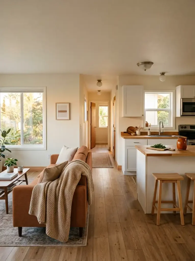 Connected mobile home living room, kitchen, and hallway repeating cinnamon and rust accents at different intensities