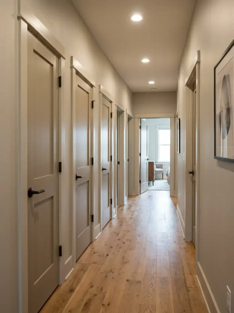 Single wide hallway with repeated door colors and matching lever hardware creating a consistent architectural rhythm.