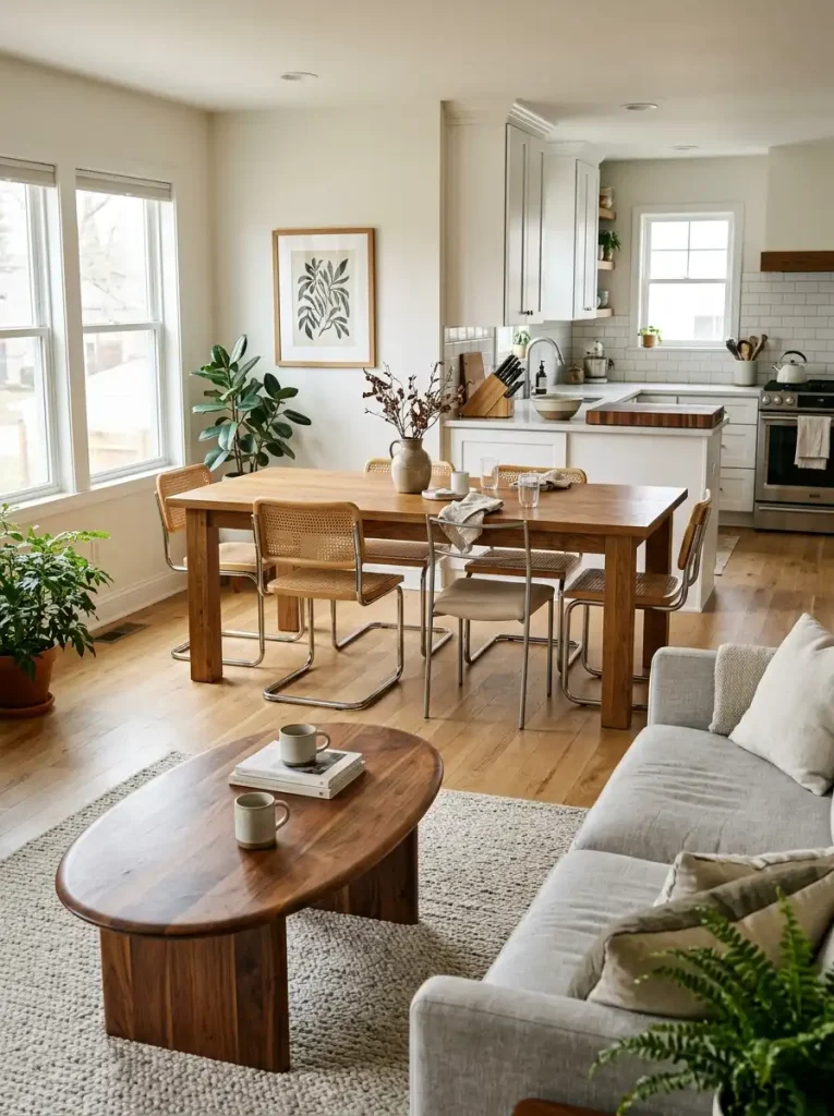 Connected rooms repeating a warm wood family through different furniture and décor pieces.