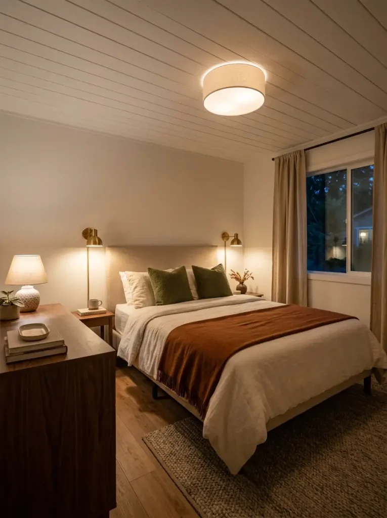 Cozy fall bedroom with layered ceiling, bedside, and low-level warm lighting in a mobile home.