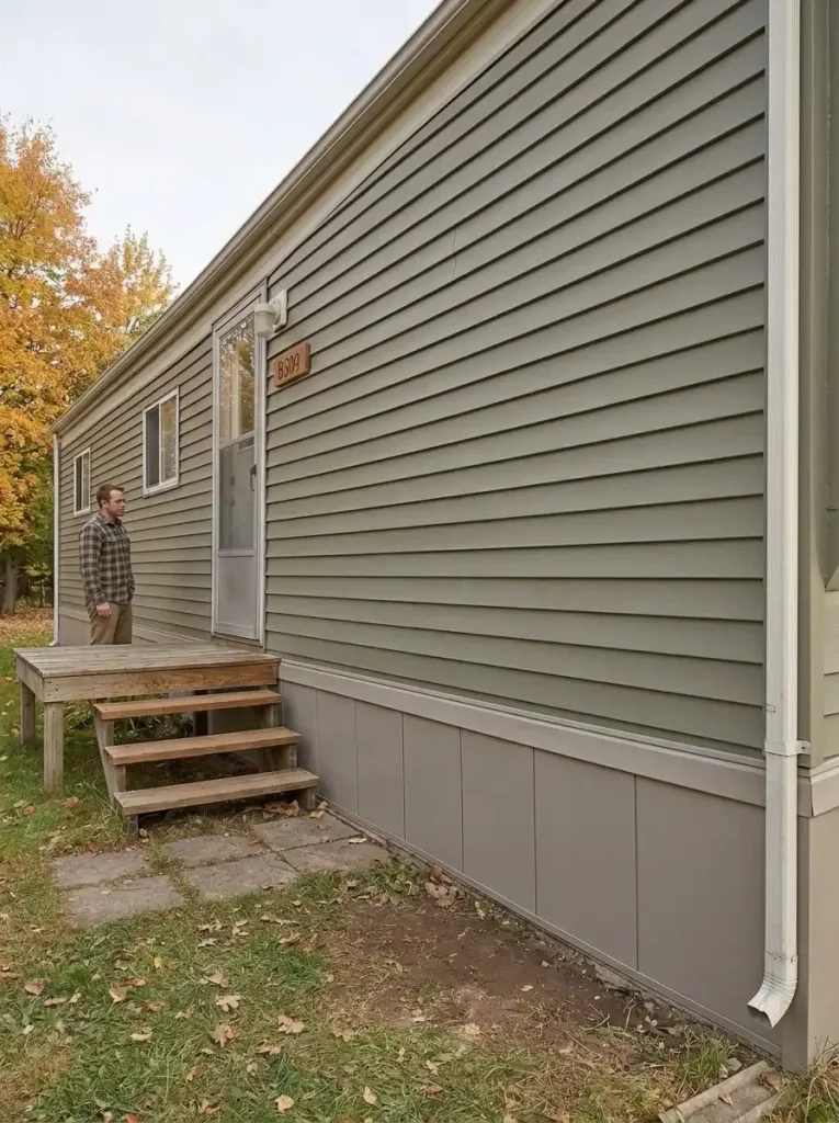Renovated mobile home exterior with muted olive siding and newly restored coordinated skirting.