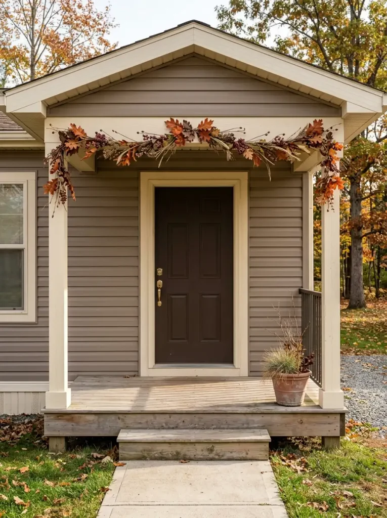Rust and burgundy fall garland tracing the upper beam of a mobile home porch with visible cream posts.
