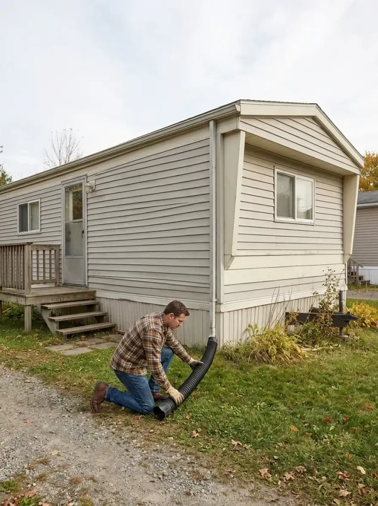 Homeowner checking roof runoff and drainage beside an older mobile home before exterior renovation.
